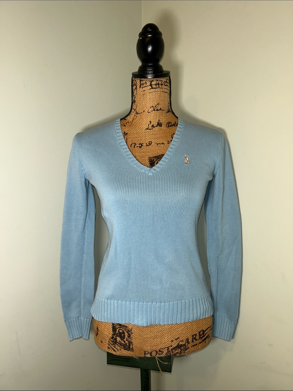 Ralph Lauren Sport Sky Blue 100% Cotton Knit Pony Logo Preppy V Neck Sweater S